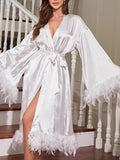 Znbbw Women Bathrobe Nightwear Lingerie Feather Long Sheer Kimono Bridal Solid Color Soft Long Sleeve Robe Sleepwear Ladies Loungewear