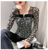 Znbbw New Arrival Autumn TShirt Women Patched Mesh Square Collar Full Sleeve High Stretch Slim T-shirts Tops