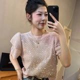 Znbbw style sequin round neck flower bud short sleeved knitted sweater for women's spring new gentle style loose top