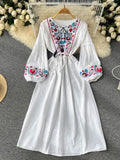 Znbbw Style Retro Embroidered Dress Women's Mid-length Waist Slim Lantern Sleeves Literary Gentle A-line Vestidos Women D1031