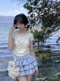 Znbbw Sweet Matching Sets Floral Heart Draw String Crop Tops High Waist Ruffles Mini Skirts Summer Y2k 2000s Girl Clothing
