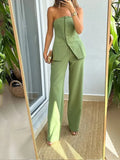 Znbbw Women's 2-piece Pants Set 2024 Spring Solid Single Breasted Split Tops High Waist Wide Leg Trousers Female Pants Sets