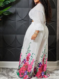Znbbw Women Print Pleated Wide Leg Pants 2 Piece Sets Solid V-neck Long Sleeves Crop Tops Suits Summer female Floral Vacation Outfits