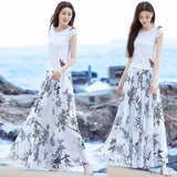 Znbbw High Waist Skirts Womens Summer Autumn Elastic Waist Full Long Skirt Print A-Line Mother Dance Skirts Swing Chiffon Skirt