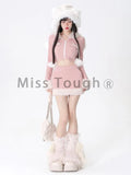 Znbbw Pink Kawaii 2 Piece Set Women Fluffy Design Sweet Skirt Suit Female Korean Rabbit Ear Hoodies + Slim Mini Skirt Set 2024