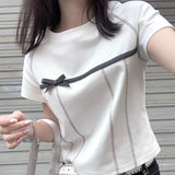 Znbbw Y2k T Shirts Short Sleeve Bow Patchwork Aesthetics Female Slim Crop Tops Summer Preppy Style 2000s Design Girl Clothing