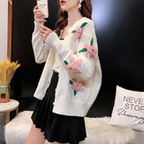 Znbbw Female 2024 Spring and Autumn Knitwear Women Heavy Industry Rose Blossom Embroidery Contrast Sweater Coat Cardigan