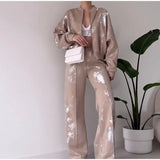 Znbbw Printed Y2k Pants Sets Women Shiny O-neck Zipper Long Sleeve Coats High Waist Straight Pant 2024 Spring Female Tracksuit