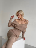 znbbw New Sexy Off Shoulder Knitted Two Piece Set Women Long Sleeve Sport Tracksuit 2 Piece Sweater Pants Suits Matching Sets