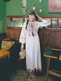 Znbbw Ethnic Style New Embroidery Dress Tassel Lace Cotton and Linen Vestidos Female V-neck Puff Sleeve Midi Dress GK857