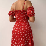 Znbbw New Summer Elegant Casual Floral Print Off Shoulder Split Dress Women Short Sleeve Slim Midi Dress for Club Party Holiday