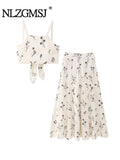 Znbbw TRAF 2023 Woman 2 Pieces Sets Embroidery Bowknot Short Sling Tops + Midi Long Skirts Summer Casual Elegant Slim Sets