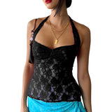 Znbbw Women y2k Lace Halter Tie Up Tank Tops Sexy Low Cut See Through Backless Patchwork Tops Fairy Grunge Vest Tops Streetwear