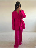 Znbbw Tops With Belt Pant Sets Women Fashion Single Button Jacket Trousers Autumn Winter Office Outfits Outwear