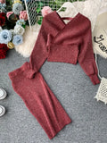 Znbbw Women's High Waist Bright Silk Knit Bag Hip Skirt Two-piece Fashion V-neck Sweater Bat Sleeve Two-piece Women's Sets GD123