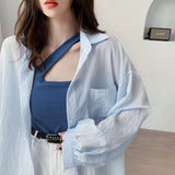 Znbbw White Transparent Chiffon Blouse Chic Women Summer Oversize Puff Long Sleeve Shirt Korean Style Cardigan Basic Sheer Top