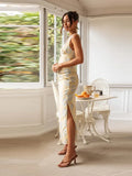 Znbbw Printed Bandage Women Dress Sets Retro Sleeveless Square Collar Strap Top Lady High Waist Slit Skirt 2024 Spring Summer