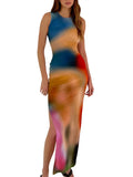 Znbbw Sleeveless Backless Summer Maxi Dress Women Tie Dye Print Split Slim Long Dress Elegant Bodycon Party Dresses Vestido