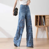 Znbbw Elegant Jeans for Women High Waist Lace Patchwork Pantalones Hollow Out Oversized Spring Casual Loose All Match Pants