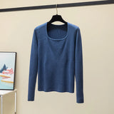 Znbbw Autumn Long Sleeve Knitted Sweater Pullovers Girls Square Collar Tops Jumpers Women Base Jumper Slim Knitwear