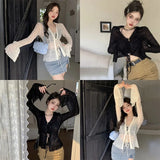 Znbbw Women's top Waist up Slim fitting Women's coat Air-conditioned shirt Sunscreen Cardigan Lace Lace up T-shirt