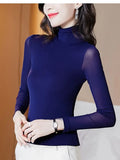 Znbbw Solid Mesh T-Shirts Tees Female Full Sleeve Turtleneck Slim Tshirt Base Simple Tops For Women Spring Fall