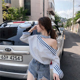 Znbbw Striped Shirts Women Streetwear Sexy Off Shoulder Blouses Korean Fashion Hollow Out Halter Long Sleeve Casual Tops New