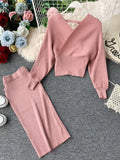 Znbbw Women's High Waist Bright Silk Knit Bag Hip Skirt Two-piece Fashion V-neck Sweater Bat Sleeve Two-piece Women's Sets GD123