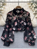 Znbbw Women Spring Shirt Korean Version Temperament High-end Floral Shirt with Bubble Sleeve Design Niche and Unique Top D5053