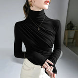 Znbbw Women Turtleneck Full Sleeve Folds T Shirts Lady High Quality Elegant Elastic Tops Tees Female T-Shirt
