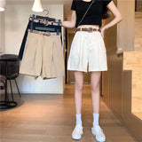 Znbbw Pure Cotton Shorts Women Korean Belt Black Wide Leg Suit Shorts S-3Xl Ladies Fashion Elegant White Baggy Short Pants New