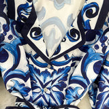 Znbbw Fashion Runway 2 Piece Pants Set Women Long Sleeve Vintage Porcelain Print Belt Blouse and Wide Leg Trousers Suits Outfit