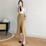 Znbbw Vintage Design Simple A-Line Skirts Sexy Split Folds High Waist Women Midi Skirt Elegant Female Office Skirt Jupe Femme