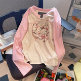Znbbw Vintage T Shirts Contrast Color Cartoon Letter Print Tops Long Sleeve Spring Tees Casual Loose Sweet Women Clothes 2024
