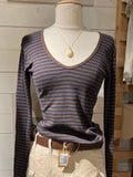 Znbbw Brown Striped V Neck T-shirts Women American Fashion Streetwear Cotton Long Sleeve Tees Casual Summer Classic Slim Tops