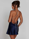 Znbbw Satin Halter Backless Mini Dress For Women Robe New Off-shoulder Sleeveless Lace-up Bodycon Club Party Sexy Dress