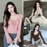 Znbbw Women's T-shirt Solid Square Neck Slim Fit Sexy Slim Fit Sweet Spicy Long Sleeve T-shirt Short Top