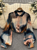 Znbbw Autumn Women's Korean Loose Versatile Long Sleeve Shirt Top New Lantern Sleeve Print Temperament POLO Collar Shirt G18