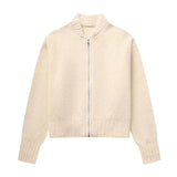 Znbbw O-neck Women Short Cardigan Retro Zipper Long Sleeve Knitted Sweater Female 2024 Casual Loose Solid Patchwork Sweaters