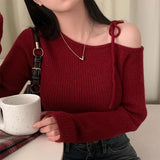 Znbbw Skew Collar Sweater Off Shoulder Ropa Mujer Lace Up Bow Pullover Feminino Sexy Womens Clothing Korean Knitwears