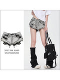 Znbbw Women's Light Grey Denim Shorts Fashion Streetwear Y2k Harajuku Korean Vintage Low Waist Tassel Shorts Jeans 2000s Clothes 2024