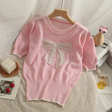 Znbbw Style Beading Bowknot T Shirts Women's O Neck Short Sleeve Knitted Sweet Tee Tshirt Summer Slim Thin Top