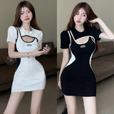 Znbbw Version Round Neck Hollowed Out Dress Color Fashionable Slim Fitting Short Sleeved Dress