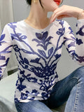 Znbbw Printing Positioning Flower Long Sleeved Round Neck Slim Fit Top Women Autumn Spring Stretchy Mesh T-shirts FF0875