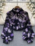 Znbbw Women Spring Shirt Korean Version Temperament High-end Floral Shirt with Bubble Sleeve Design Niche and Unique Top D5053