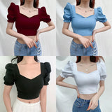 Znbbw Women's Solid V-Neck Slim Fit Open Navel Short Sleeve Top T-shirt Solid Square Neck Sexy Open Navel Pullover T-shirt