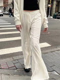 Znbbw Beige Casual Flare Pants Women Solid Seams Cotton Linen High Waist Summer Trousers Female Y2k Harajuku Chic Loose Pants
