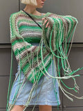 Znbbw Stripe Print Smock Top Women Knitted O Neck Tassel Full Sleeve Crop Top Crochet Vintage Korean Grunge Tee Fashion Aesthetic