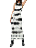 Znbbw Women's Casual Long Dress O-Neck Sleeveless Contrast Color Striped Knitted Summer Slim Fit Holiday Beach Dresses