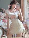 Znbbw Japanese Kawaii 2 Piece Set Women Sweet Party Cat Print Mini Skirt Suit Female Elegant Casual Cute Tops£«Lace Skirt 2024